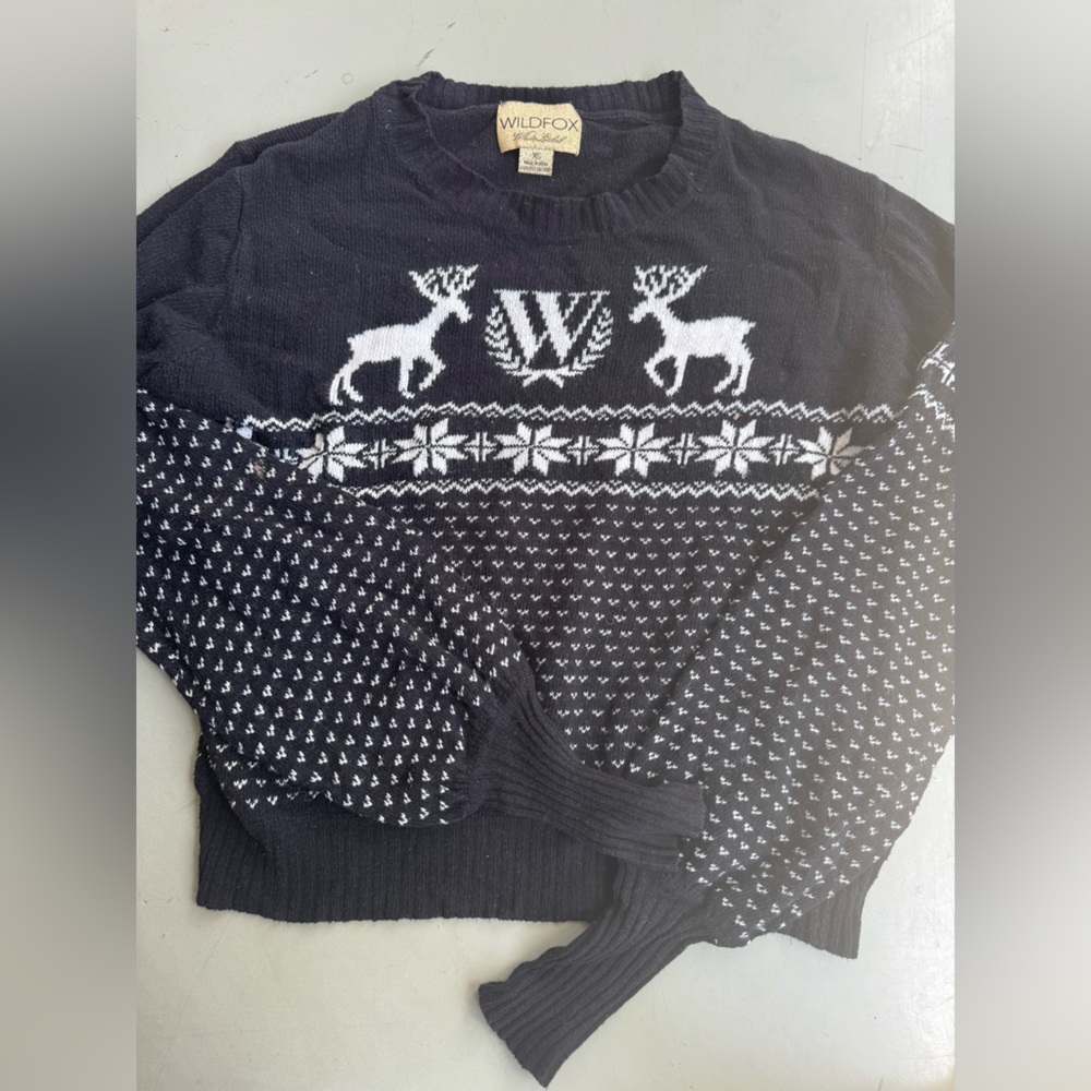Wildfox Sweater Black Christmas Holiday Snowflake Nordic Reindeer Snow